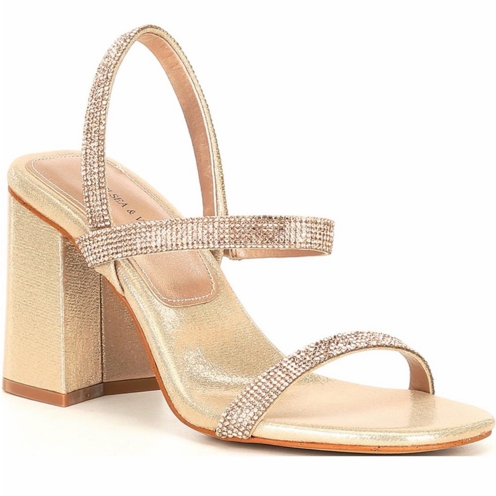 Chelsea & Violet Rose Gold Rhinestone Block Heel Sandals